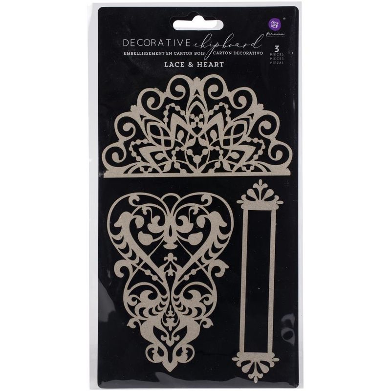 Prima Marketing Laser Cut Chipboard Lace & Heart, 3/Pkg